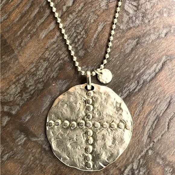 Gold ball chain necklace and 1-3/4” disk w/dotted cross & tiny charm by Chico’s - Picture 1 of 10